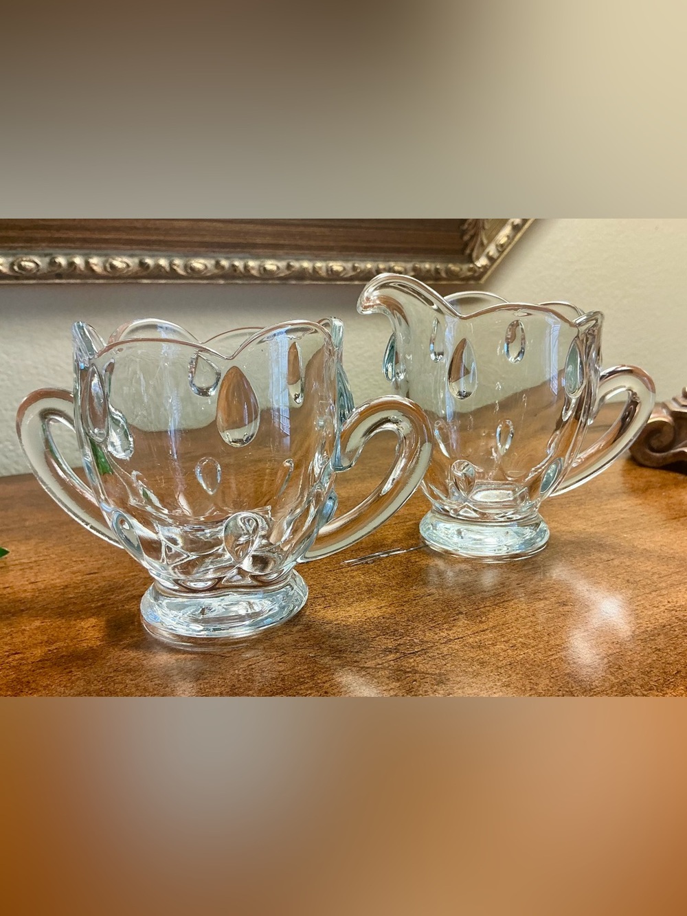 Most adorable Vintage Pressed Glass Sugar and Creamer Set-Teardrop Pattern